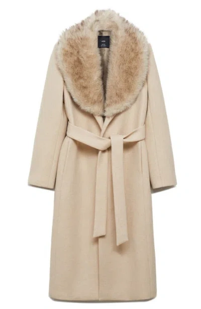 Mango Dolce Wool Blend Wrap Coat With Removable Faux Fur Collar In Neutral