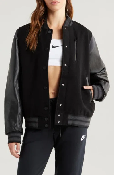 Nike Sportswear Destroyer Leather & Wool Blend Varisty Bomber Jacket