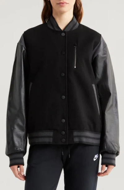 Nike Sportswear Destroyer Leather & Wool Blend Varisty Bomber Jacket