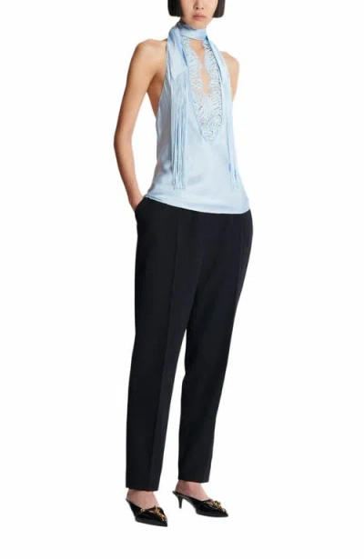Balmain Backless Crepe Satin Top With Fringe