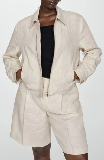 Mango Front Zip Linen Jacket In Neutral