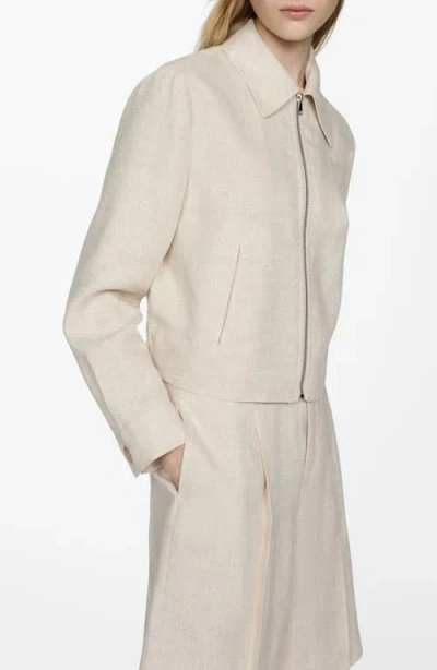 Mango Front Zip Linen Jacket In Neutral
