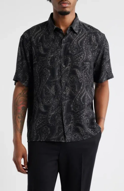 Open Edit Paisley Short Sleeve Button-up Shirt In Black