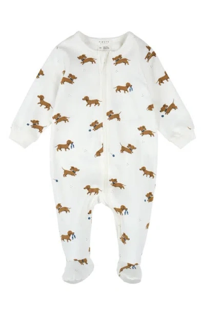 Firsts By Petit Lem Dog Print Footed One-piece Pajamas In Neutral