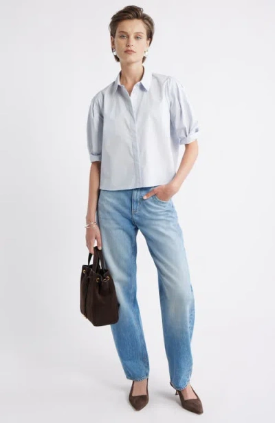 Nordstrom Crop Puff Sleeve Cotton Button-up Shirt In Blue