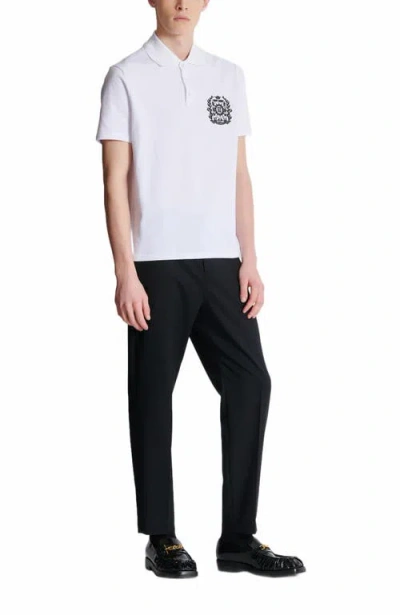 Balmain Cotton Crest Print Polo Shirt In White