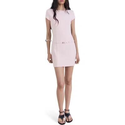 Mango Slash Neck Short Sleeve Mini Dress With Micro Belt Waist In Neutral