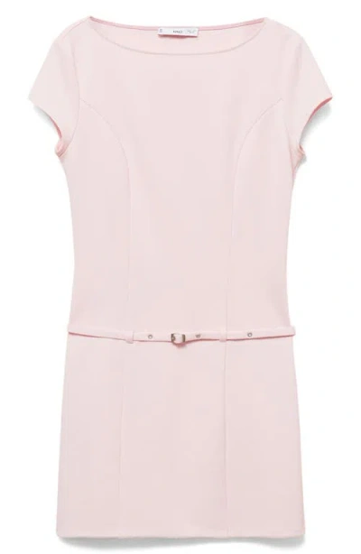 Mango Slash Neck Short Sleeve Mini Dress With Micro Belt Waist In Neutral