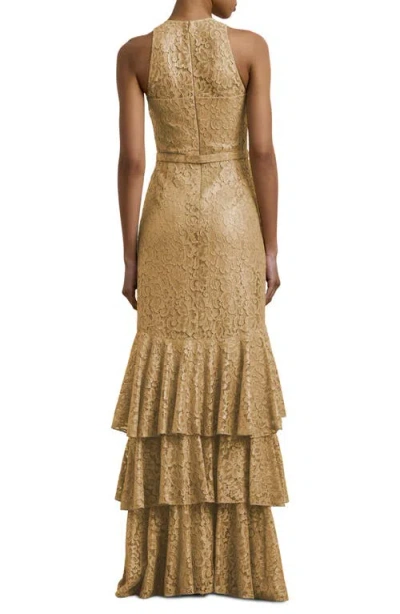 Ralph Lauren Lauren  Metallic Belted Tiered Lace Gown