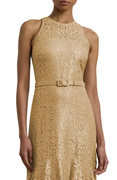 Ralph Lauren Lauren  Metallic Belted Tiered Lace Gown