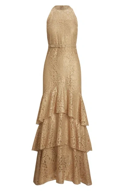 Ralph Lauren Lauren  Metallic Belted Tiered Lace Gown