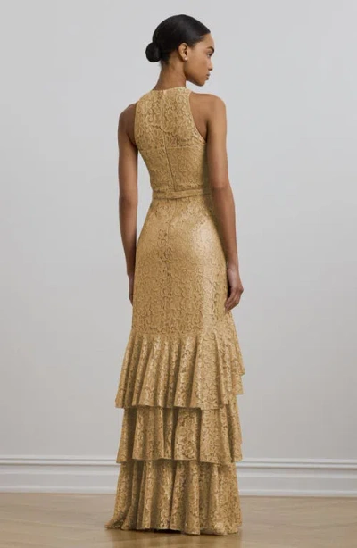 Ralph Lauren Lauren  Metallic Belted Tiered Lace Gown