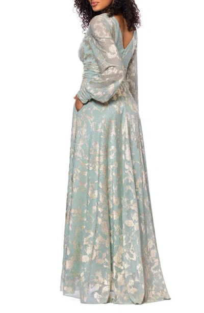 Betsy & Adam Metallic Jacquard Long Sleeve Gown In Green