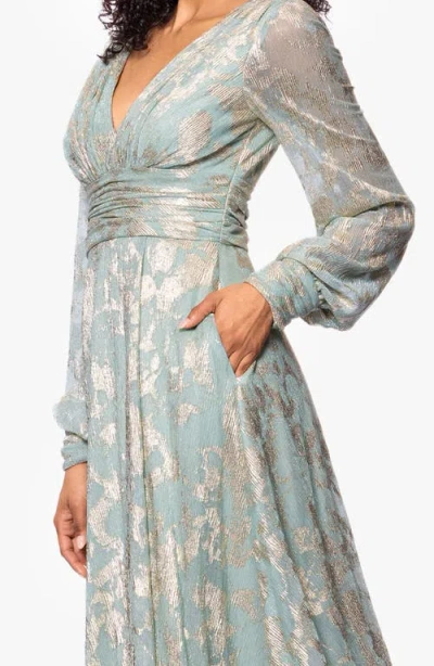 Betsy & Adam Metallic Jacquard Long Sleeve Gown In Green