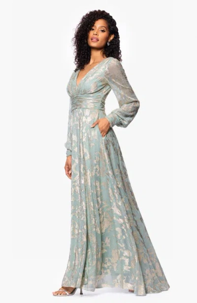 Betsy & Adam Metallic Jacquard Long Sleeve Gown In Green