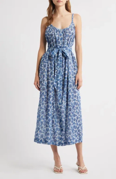 Doen Dôen Nevita Belted Organic Cotton Voile Midi Dress In Blue