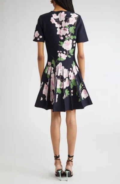 Oscar De La Renta Cherry Blossom Pleated Jacquard Knit Fit & Flare Dress