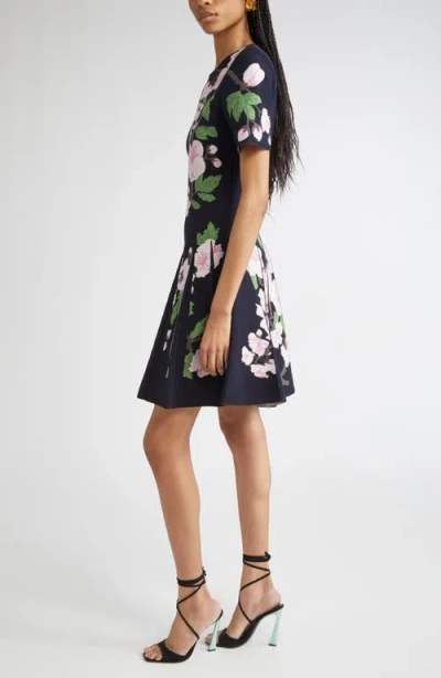 Oscar De La Renta Cherry Blossom Pleated Jacquard Knit Fit & Flare Dress