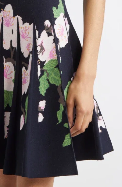 Oscar De La Renta Cherry Blossom Pleated Jacquard Knit Fit & Flare Dress