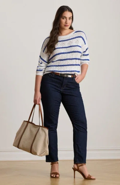 Ralph Lauren Lauren  Stripe Pointelle Cotton Blend Sweater