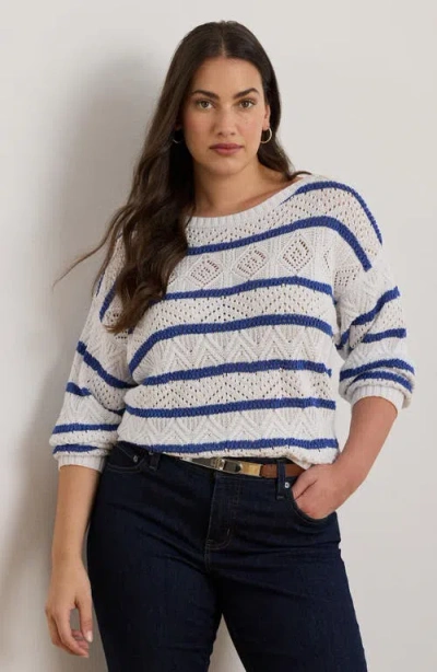 Ralph Lauren Lauren  Stripe Pointelle Cotton Blend Sweater