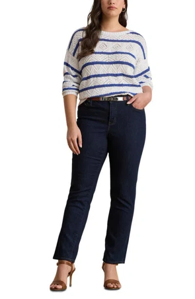 Ralph Lauren Lauren  Stripe Pointelle Cotton Blend Sweater