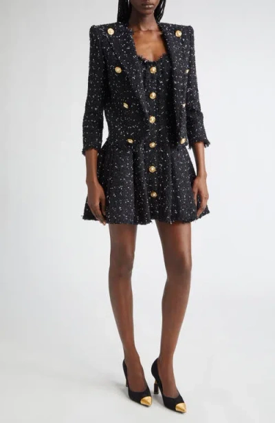 Balmain Chain-straps Polka Dot Tweed Mini Dress In Black