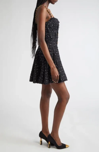 Balmain Chain-straps Polka Dot Tweed Mini Dress In Black
