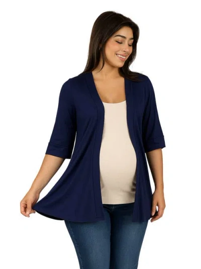 24seven Comfort Apparel Maternity Open Front Elbow Length Sleeve Cardigan In Blue