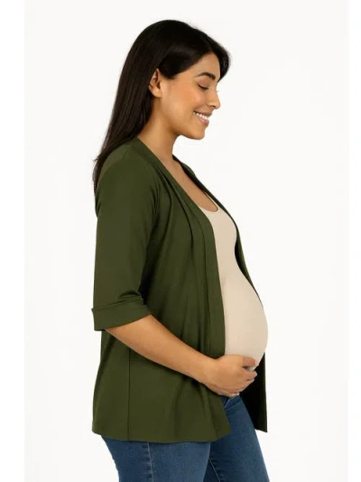 24seven Comfort Apparel Maternity Open Front Elbow Length Sleeve Cardigan In Green