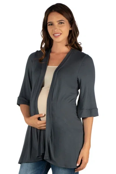24seven Comfort Apparel Open Front Elbow Length Sleeve Maternity Cardigan In Gray