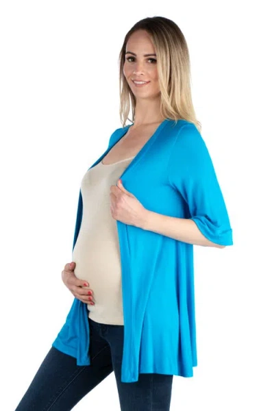 24seven Comfort Apparel Open Front Elbow Length Sleeve Maternity Cardigan In Blue