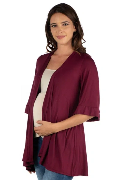 24seven Comfort Apparel Maternity Open Front Elbow Length Sleeve Cardigan In Burgundy