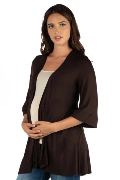 24seven Comfort Apparel Open Front Elbow Length Sleeve Maternity Cardigan In Brown