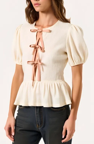Modenaire Puff-sleeve Peplum Blouse With Bow-tie Front Detail