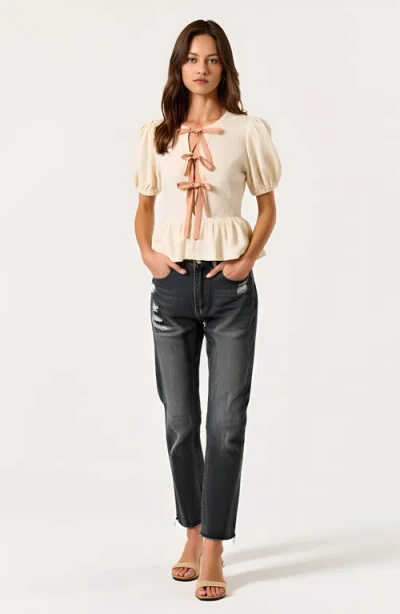 Modenaire Puff-sleeve Peplum Blouse With Bow-tie Front Detail