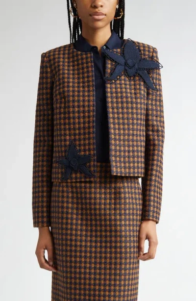 Oscar De La Renta Orchid Embroidered Check Tweed Jacket