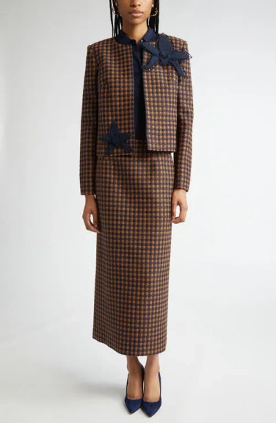 Oscar De La Renta Orchid Embroidered Check Tweed Jacket