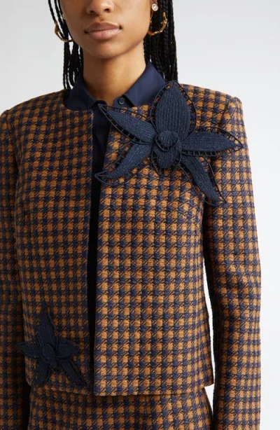 Oscar De La Renta Orchid Embroidered Check Tweed Jacket