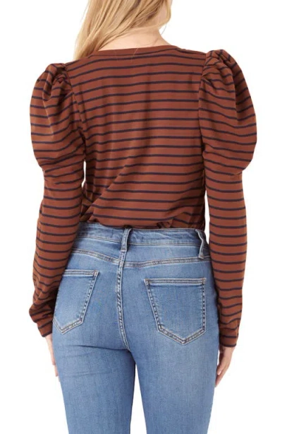 English Factory Stripe Puff Sleeve Knit Top In Brown