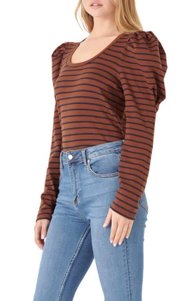 English Factory Stripe Puff Sleeve Knit Top In Brown