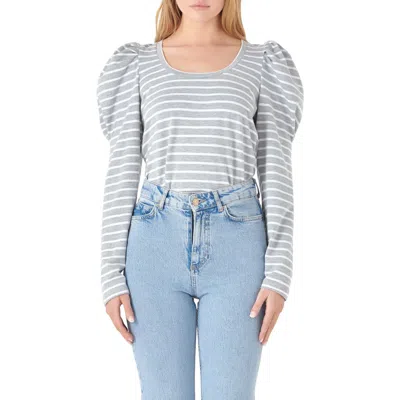 English Factory Stripe Puff Sleeve Knit Top In Gray