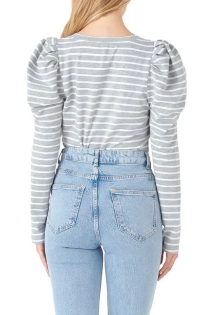 English Factory Stripe Puff Sleeve Knit Top In Gray