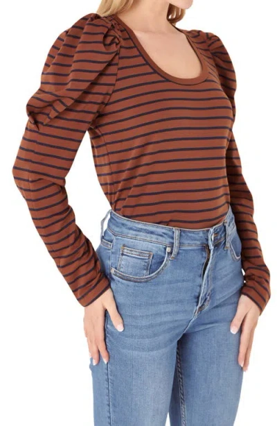 English Factory Stripe Puff Sleeve Knit Top In Brown