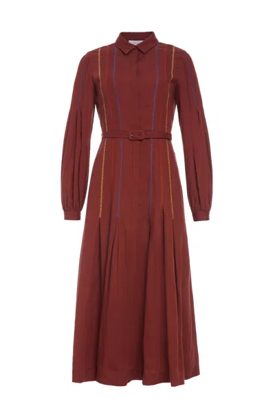 Gabriela Hearst Aleka Pleated Midi Shirtdress In Burnt Sienna Multi Aloe Linen