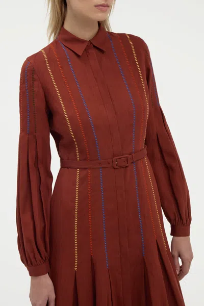 Gabriela Hearst Aleka Pleated Midi Shirtdress In Burnt Sienna Multi Aloe Linen