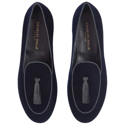 Charles Philip Black Velvet Loafer In Black
