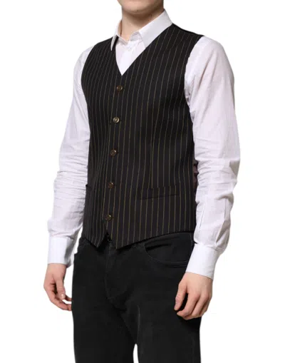 Dolce & Gabbana Black Stripes Wool Formal Men Waistcoat Vest In Black