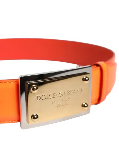 Pre-owned Dolce & Gabbana Orange Gold Tone Metal Logo Buckle Men's Belt ()