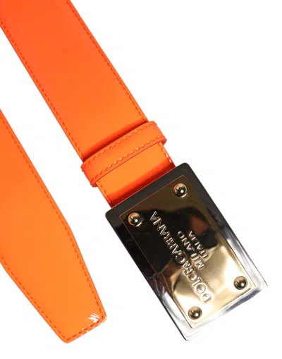 Pre-owned Dolce & Gabbana Orange Gold Tone Metal Logo Buckle Men's Belt ()